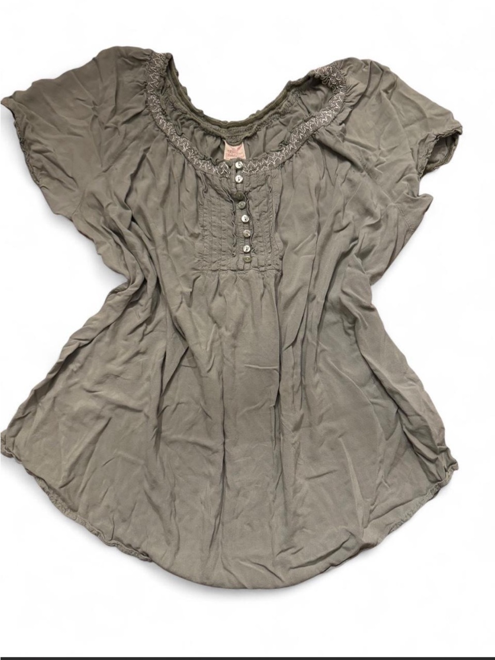 Faded Glory Olive Short Sleeve Peasant Blouse with Button Placket